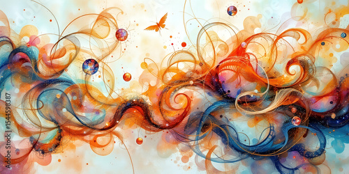 Abstract watercolor painting with swirls, spheres and a butterfly on a light background