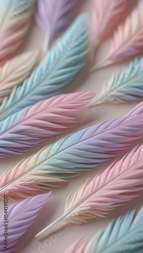 Pastel-colored feathers arranged on a neutral background, creating a soft and delicate aesthetic.