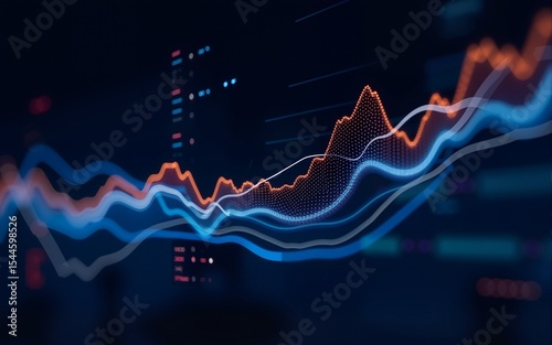 Abstract digital graph with blue and orange lines over a dark background, representing data and analysis. Futuristic and dynamic visual. High quality