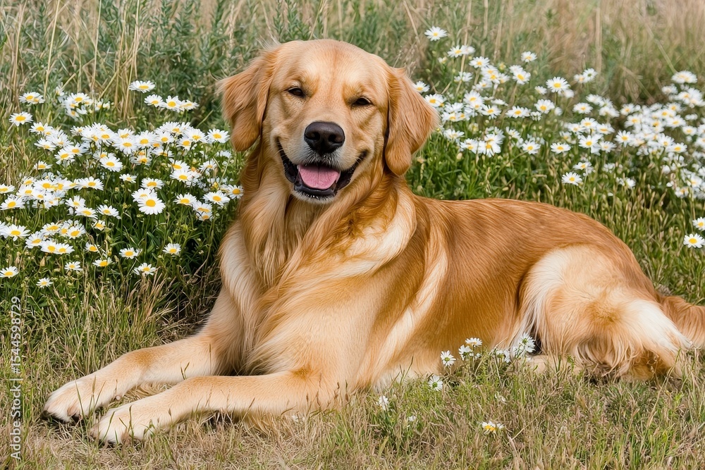 Obraz premium Golden Retriever Relaxing in a Sunny Field Surrounded by White Daisies