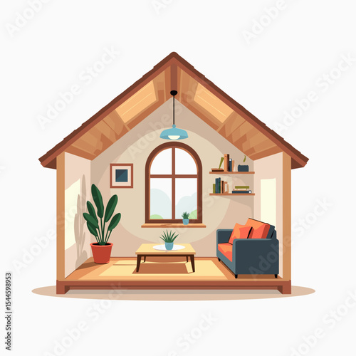 Cozy Living Room Interior Illustration with Window, Sofa, and Plants in a Sectional House View