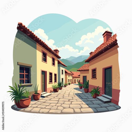 Charming Mediterranean Village Street with Cobblestone Pavement and Colorful Buildings Illustration, Featuring Plants and a Sunny Sky