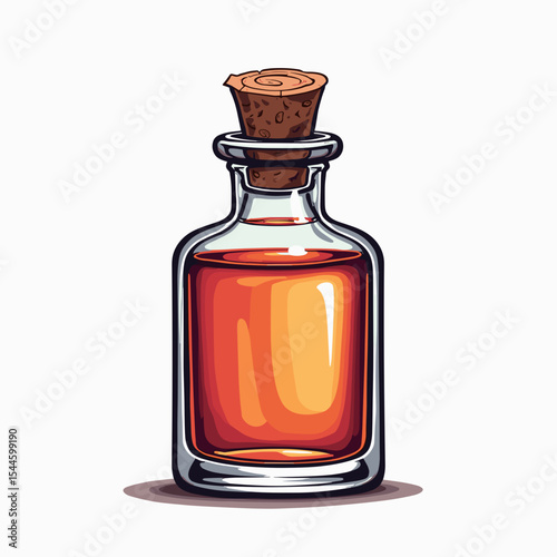 Illustration of a Glass Bottle with Red Liquid and Cork Stopper, Isolated on White Background