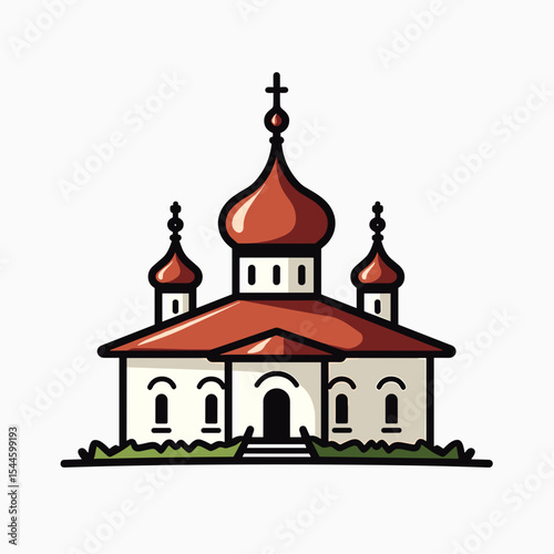 Illustration of an Orthodox Church with Red Domes and a Cross on Top, Vector Graphic Style