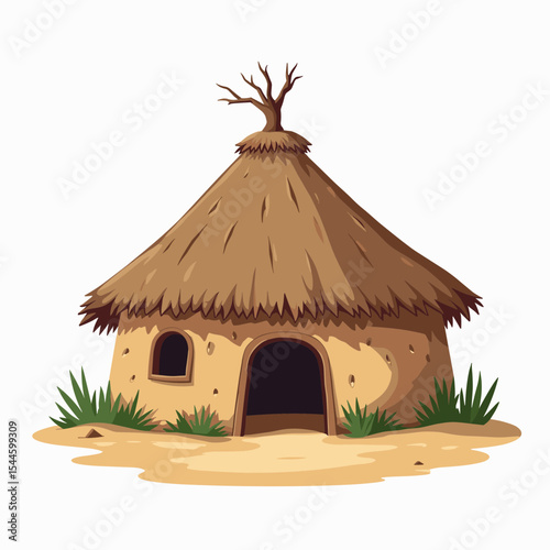 Cartoon Illustration of a Traditional African Hut with Thatched Roof and Simple Design