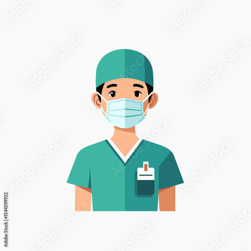 Cartoon Illustration of a Doctor or Surgeon Wearing a Mask and Scrubs, Medical Professional