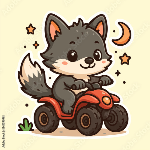 Wolf Cartoon Drive ATV at night Illustrations Cute Wolf Mascot