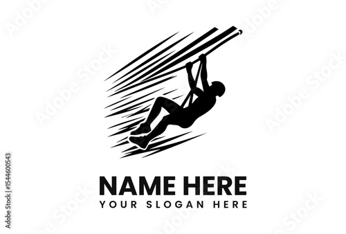 Silhouette of a person rappelling down a rope, with speed lines.