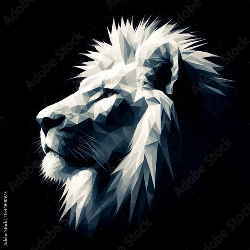 White lion side portrait. Dramatically lit with deep shadows. Vector in Low Poly Art. Black background. 