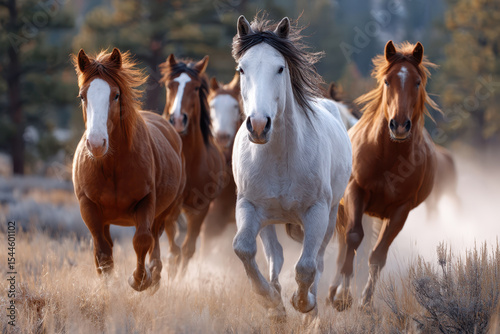 Wild horses gallop through a sunlit meadow in a picturesque landscape during golden hour