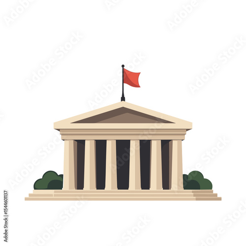 Illustration of a Classical Government Building with Columns and a Red Flag on Top, Minimalist Design