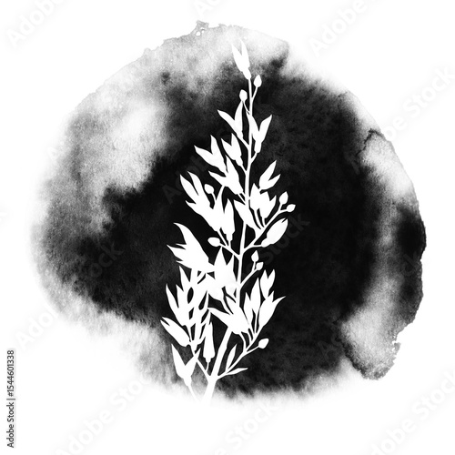 Minimalistic watercolor illustration of a botanical silhouette with abstract ink texture. Artistic floral composition in black and white, perfect for modern design, wall art, or packaging.