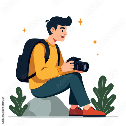 Enthusiastic Young Photographer with Backpack Sitting Outdoors Taking Pictures Illustration