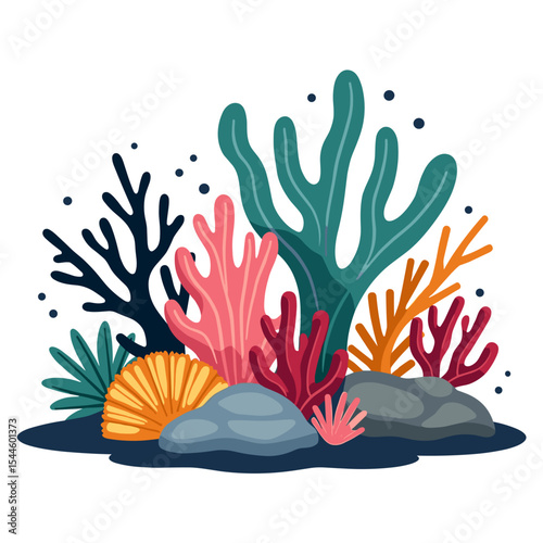 Colorful Coral Reef Illustration with Various Corals, Shells, and Rocks on the Ocean Floor