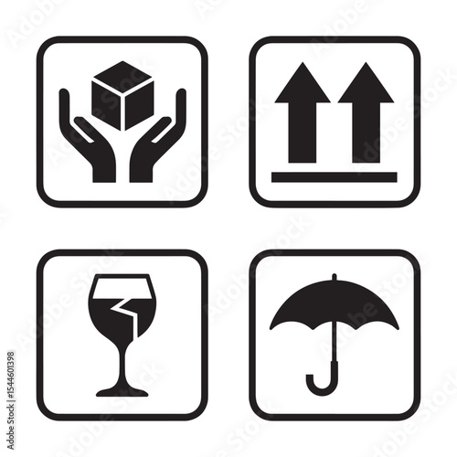 Set of Essential Packaging Symbols for Safe and Secure Handling, Representing Care, Direction, Fragility, and Protection from Moisture