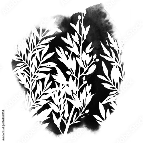 Minimalistic watercolor illustration of a botanical silhouette with abstract ink texture. Artistic floral composition in black and white, perfect for modern design, wall art, or packaging.
