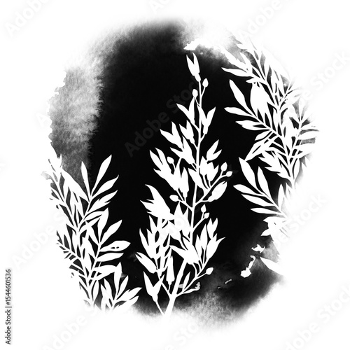 Minimalistic watercolor illustration of a botanical silhouette with abstract ink texture. Artistic floral composition in black and white, perfect for modern design, wall art, or packaging.