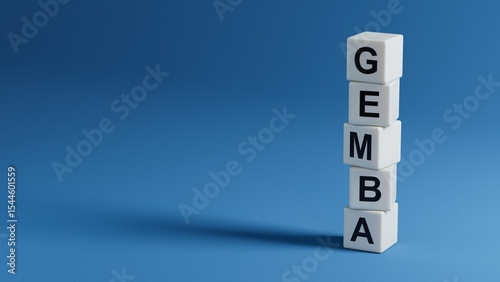 Word gemba. Wooden small wooden elements with letters with copy space available.close up of wooden elements,Business Concept.3D rendering on blue background.