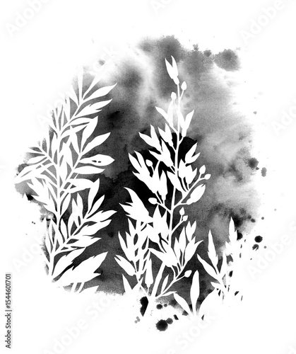 Minimalistic watercolor illustration of a botanical silhouette with abstract ink texture. Artistic floral composition in black and white, perfect for modern design, wall art, or packaging.