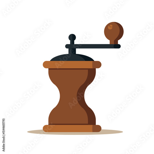 Illustration of a Classic Brown Wooden Coffee Grinder with Handle, Vector Graphic