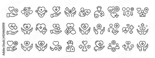 Healthcare & Wellness Line Icons – Heart, Hands, People, Caregiver Symbols