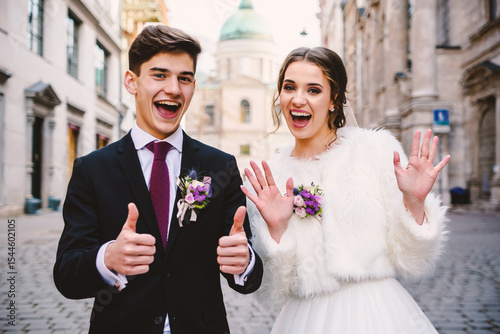 Happy young wedding couple smiling and posing on a city street. Groom gives thumbs up, bride waves. Joyful celebration portrait outdoors.