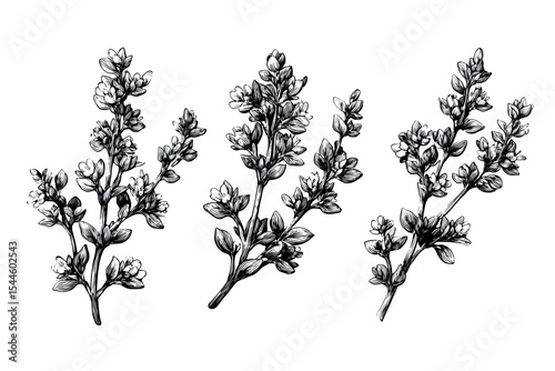 Engraving set of thyme herb sprigs with tiny leaves and flowering tips, arranged naturally with traditional ink shading. Ultra HD