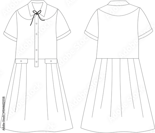 Flat Sketch of Girls’ Pleated Dress with Sailor Collar and Front Button – Front and Back View