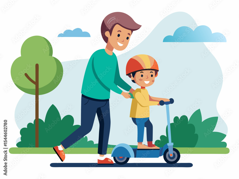Happy father teaching his son to ride a scooter in a park, a cheerful family scene perfect for children's books, websites, or app designs. Happy father teaching his son to ride a scooter in a park, a cheerful family scene perfect for children's books, websites, or app designs.