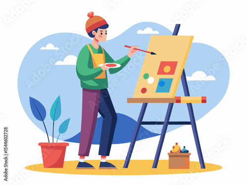 A young artist paints a colorful abstract design on an easel outdoors a perfect scalable graphic for websites or branding projects