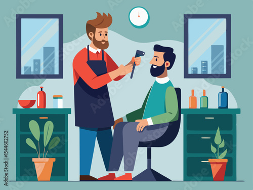 Stylish Barbershop Scene with a Barber and Client Getting a Haircut Design for Branding and Logos