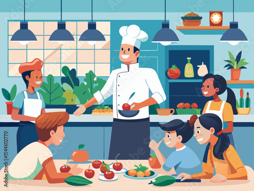 Delightful Cooking Class Scene Chef Teaches Kids Fun Fruit Recipes Kitchen Illustration