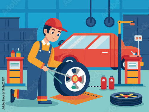 Mechanic changing car tire in auto repair shop flat design automotive service graphic perfect for website banner or logo design