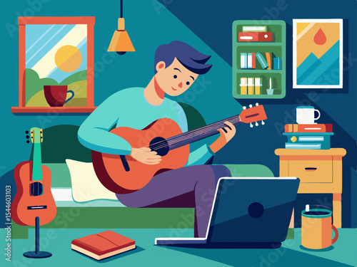 A young man enjoys playing acoustic guitar at home using online lessons a cozy room design