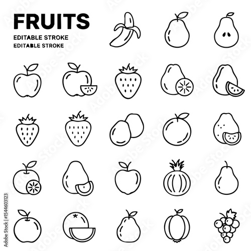 Fruits Line Icons Set with Editable Stroke — Vector  Illustration