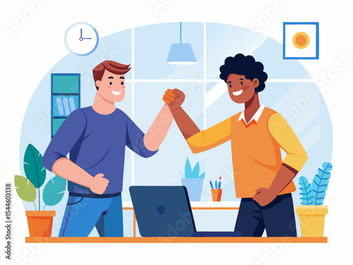 Celebrating Teamwork Success A vibrant graphic showcasing happy colleagues high-fiving near a laptop in a modern office setting ideal for business presentations and website designs