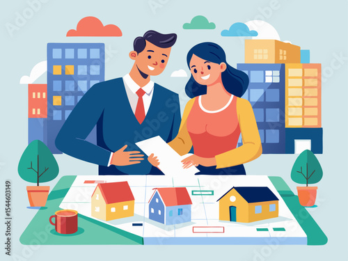 Real Estate Agents Reviewing Property Plans with Cityscape Background, Ideal for Brokerage Branding and Marketing Materials