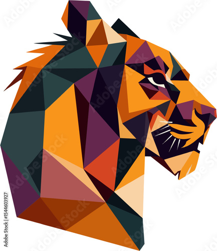 A striped feline form of angular facets exudes power and agility in a flat vector design.