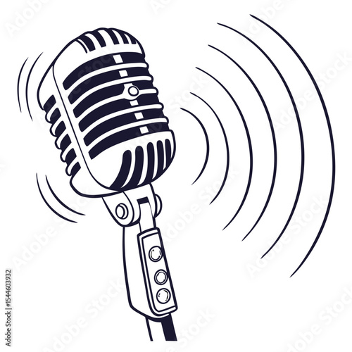 Silhouette of a vintage microphone with sound waves, symbolising audio, music, voice, and broadcast
