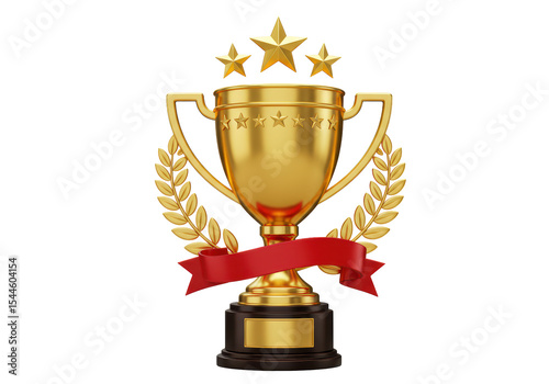 Isolated Golden Trophy Cup with Laurel Wreath and Ribbon