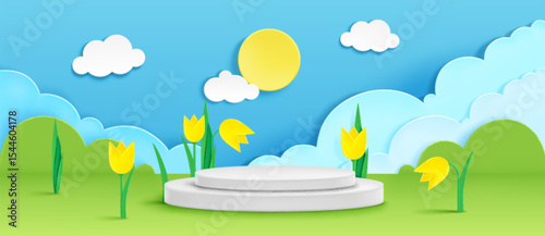 Product podium on paper cut spring background