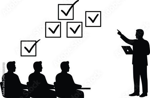 Silhouette of teacher presenting checklist to audience, business training seminar concept, classroom education, team development, task completion strategy, coaching session, learning management icon photo