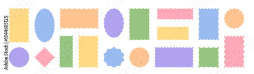 Set of pastel geometric shapes with corrugated edges. Retro wavy badges, text boxes, zigzag frames, label templates.