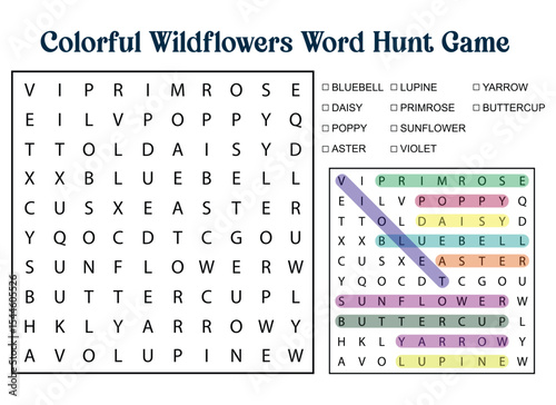 Colorful Wildflowers Word Search Puzzle Game with Solution for Kids