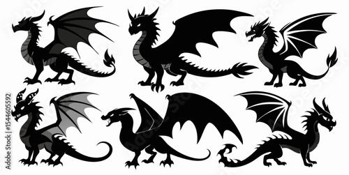Heraldic black and white dragon and lion silhouettes, ideal for vector tattoo designs or medieval fantasy animal illustrations