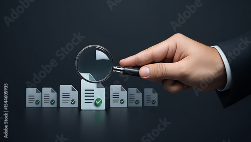 Hand Holding Magnifying Glass Over Checked Documents