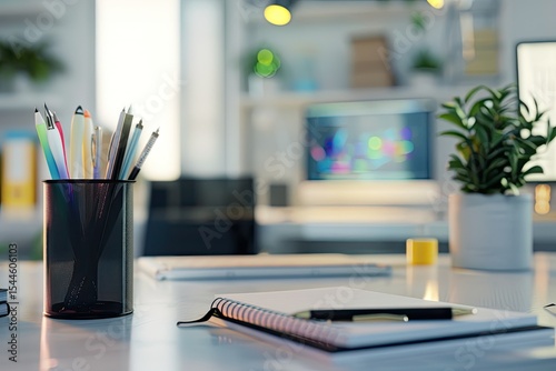Sharp Image of Office Desk with a Cable Organizer and Pens