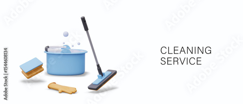 Plastic bucket with soap foam, rubber glove, sponge, mop. 3D elements for cleaning service concepts. Isolated vector templates for advertising, compositions, skits