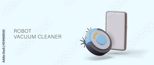 Wireless robot vacuum cleaner, autonomous gadget. Concept of controlling floor cleaning device. 3D gadget, smartphone with blank screen. Advertising concept with place for text
