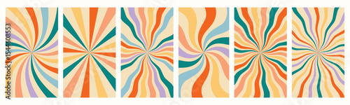 Set of groovy multicolored comic ice cream, gelato background in retro style, postcard with hand drawn stripes, rainbow rays radiating from center. Flat abstract texture. EPS10